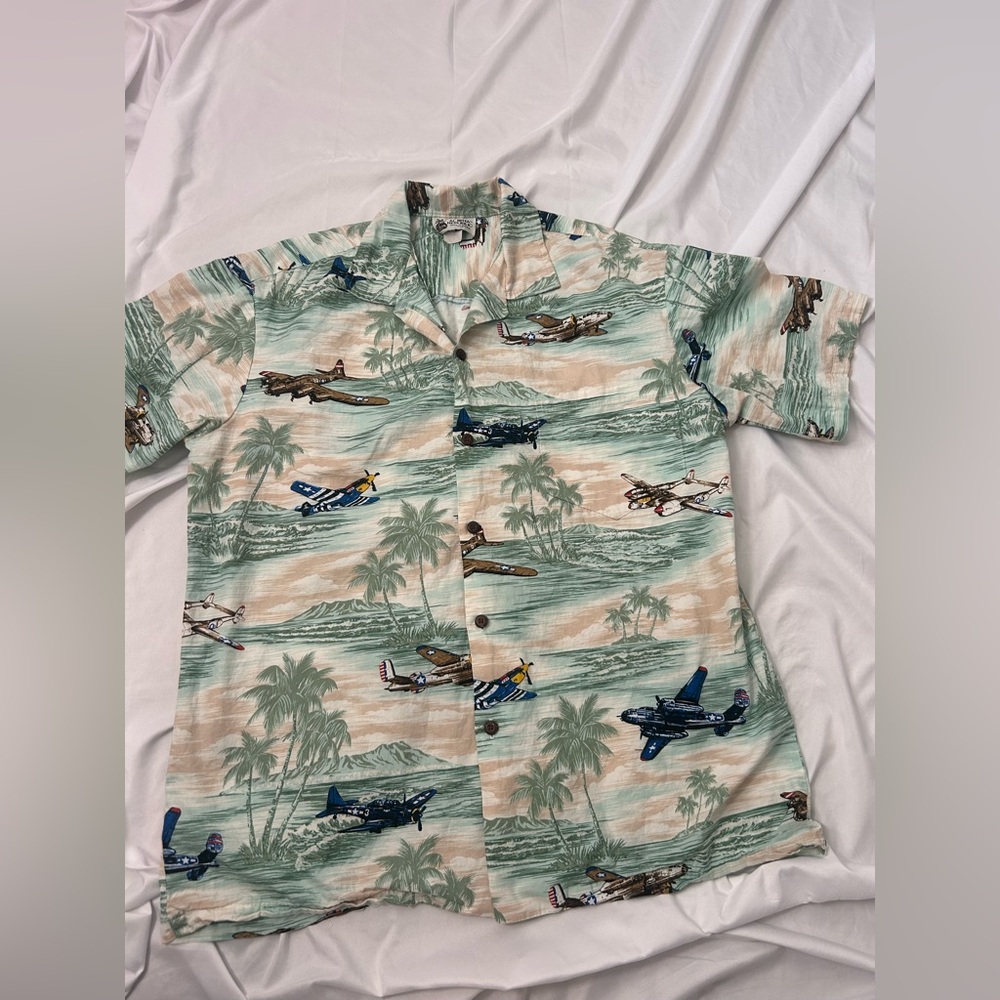 Hawaiian Shirt Vintage Aloha Republic Mens Airplanes Floral L Made In Hawaii